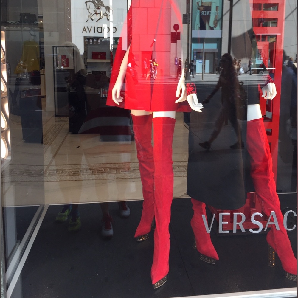 VERSACE HOLIDAY RED GREEK Over the knee boots suede 9.5 40 Gold shoes costume